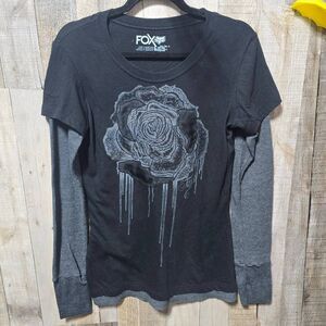 Fox Racing Black Rose Floral Thermal Mixed Media Tee Biker Moto Punk Emo